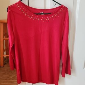 Jaclyn Smith Red Embellished Cold Shoulder Blouse with 3/4 Sleeves